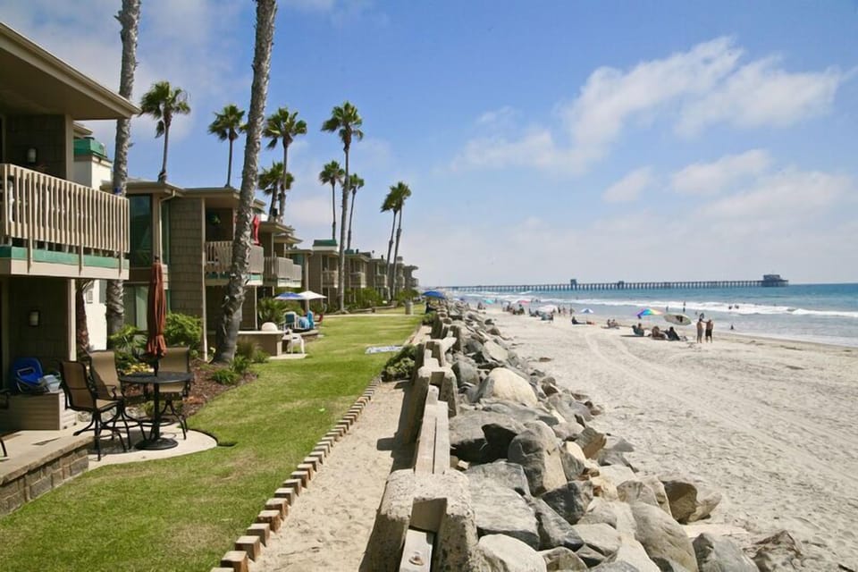 View from the oceanfront row. Beach access on both sides of the complex