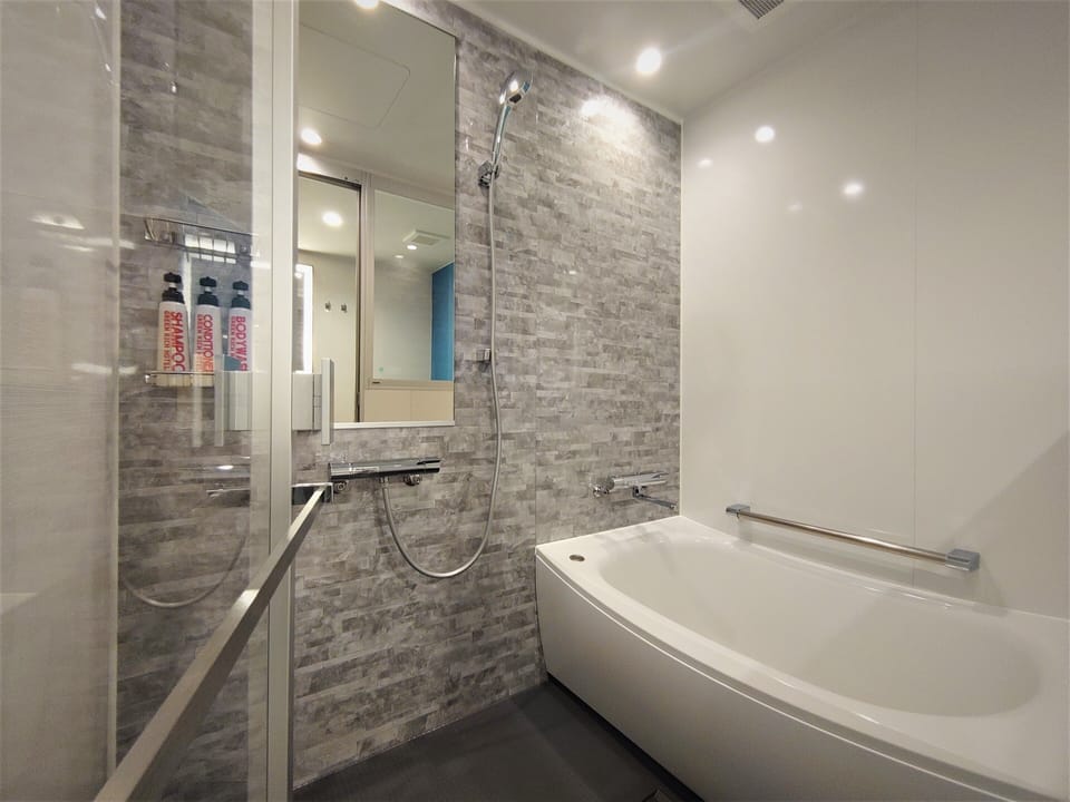 Combined shower/tub, free toiletries, hair dryer, slippers