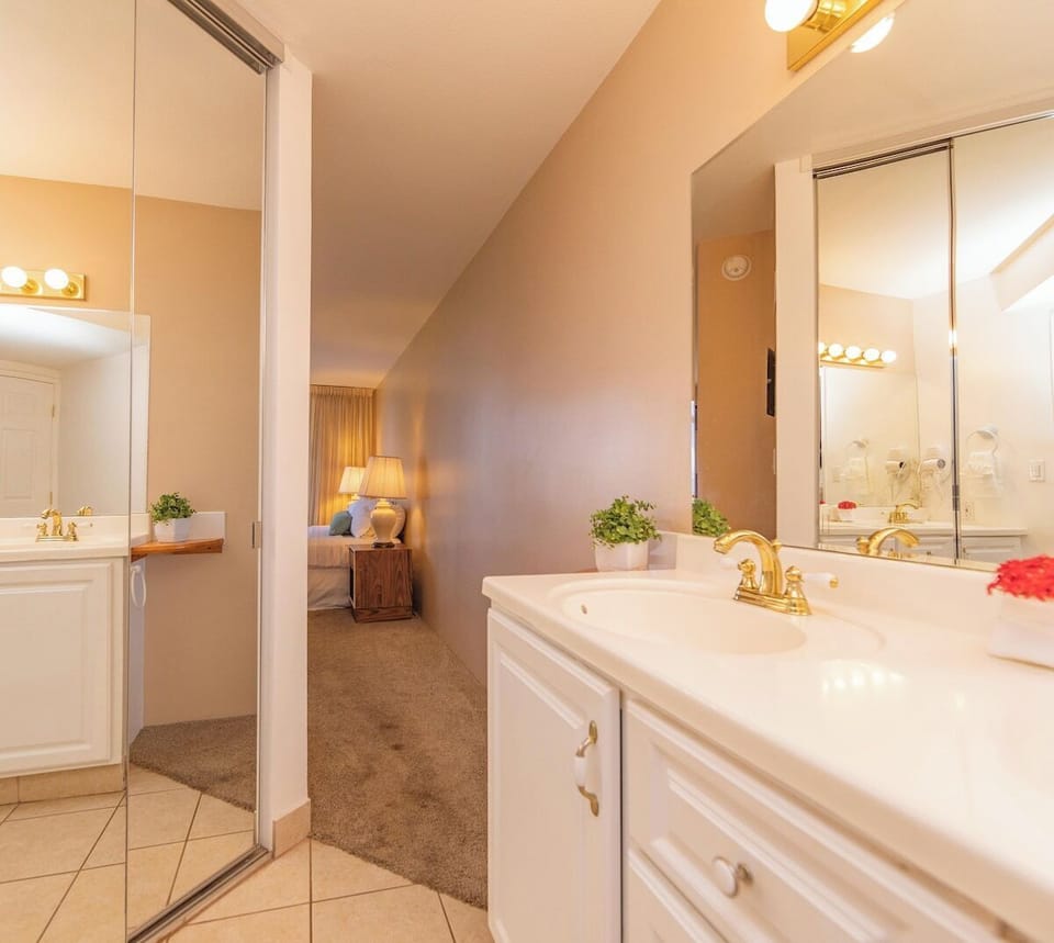 Master bathroom vanity with ample counter space and bright lighting.