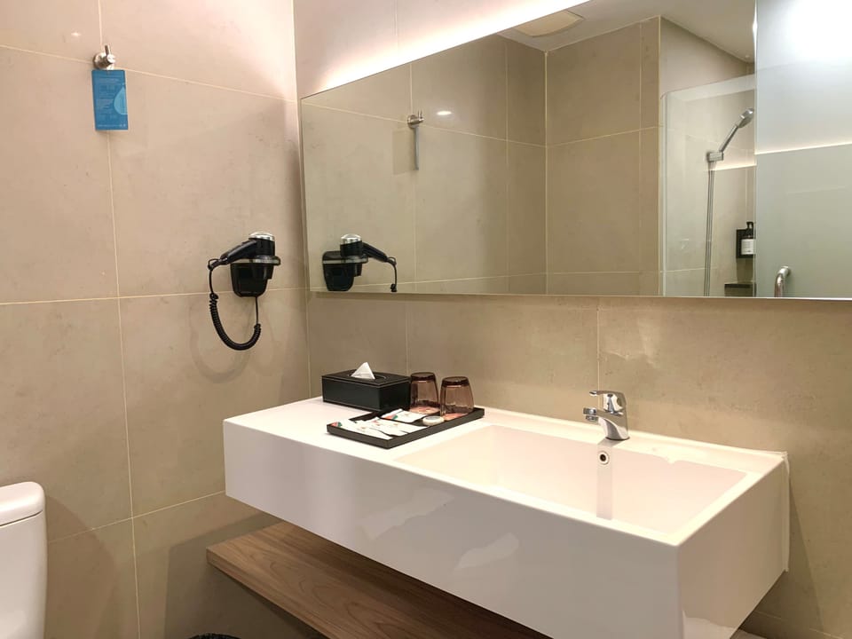 Shower, rainfall showerhead, hair dryer, slippers