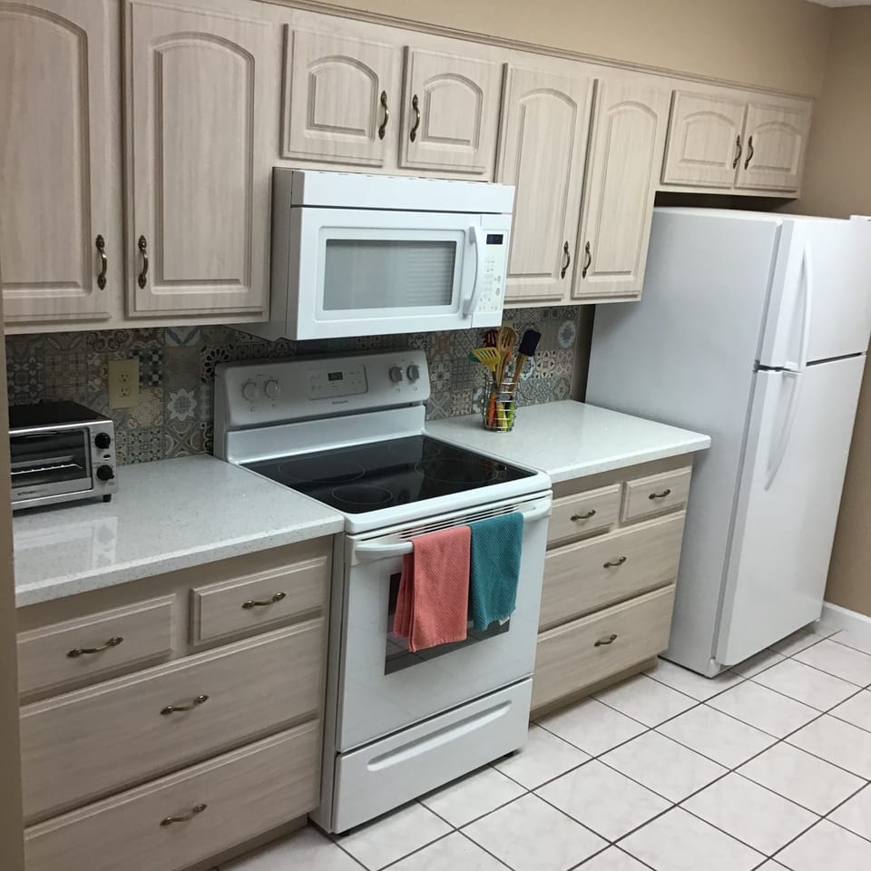 Well equipped kitchen with sparkling quartz countertops