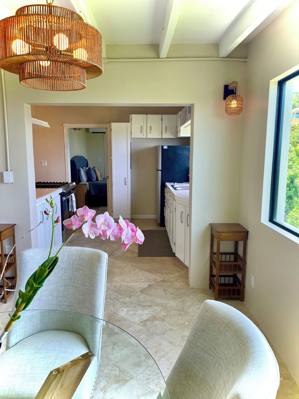 View from ocean view dining room towards kitchen and bedroom #1