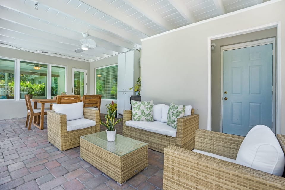 Covered outdoor sitting area with plenty of space and amazing views. 