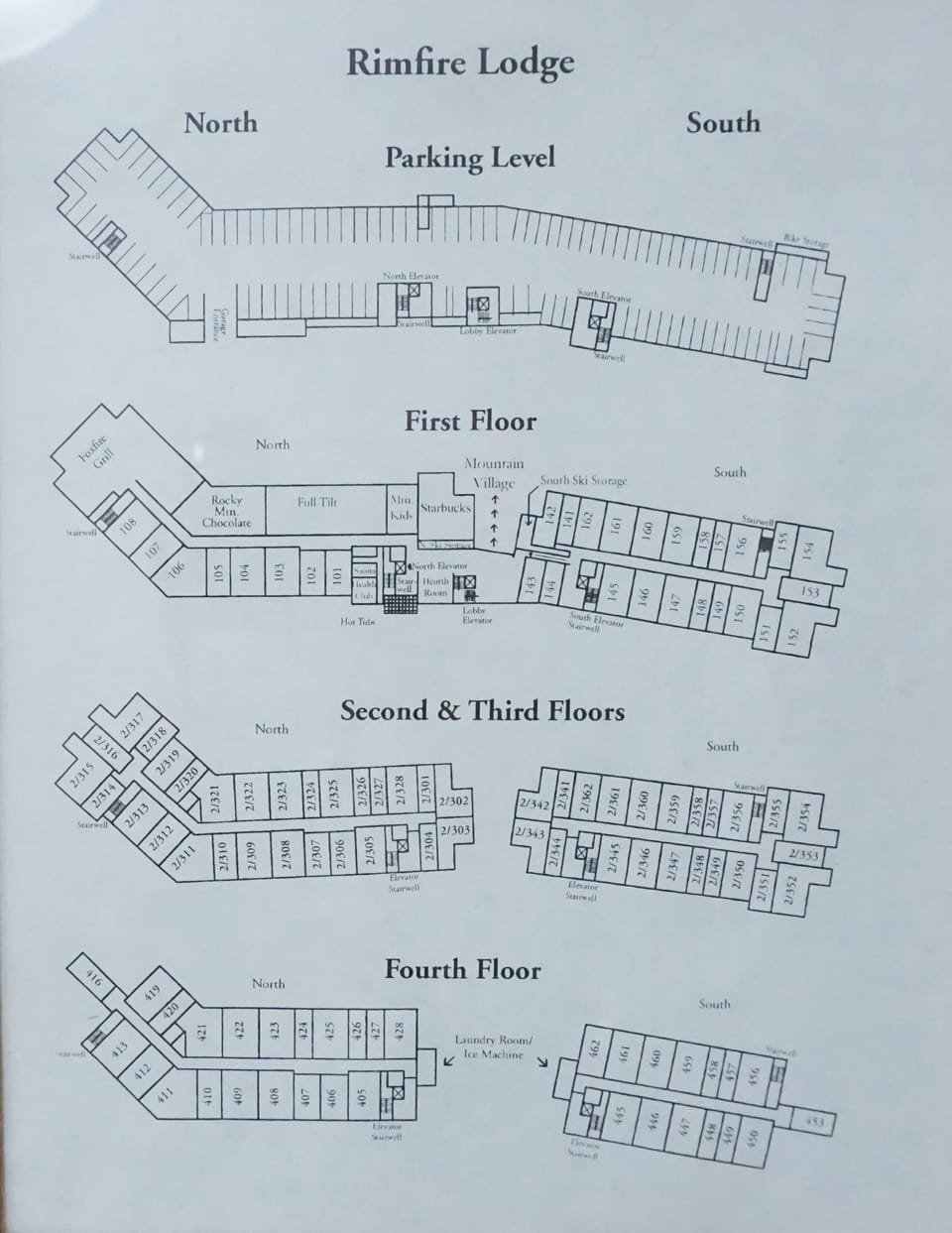 Layout of Rimfire building. Looking at the front of the building the South Wing is to the right and North Wing to the left