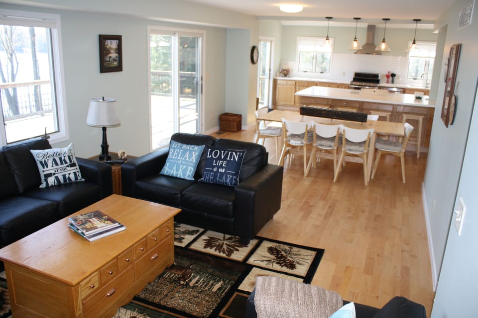 Large, expansive open space with living, dining, and brand new kitchen