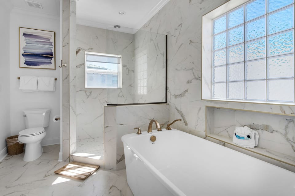 Master bathroom tub and walk-in shower