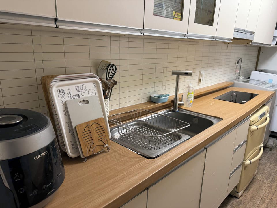 Mini-fridge, microwave, rice cooker, cookware/dishes/utensils