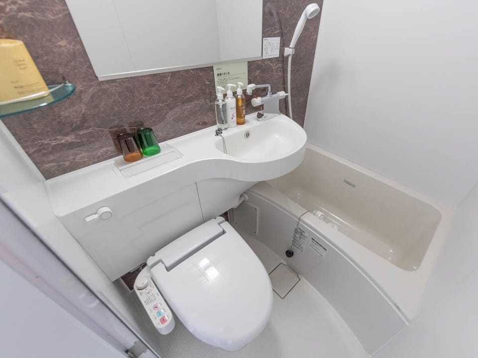 Combined shower/tub, free toiletries, hair dryer, slippers