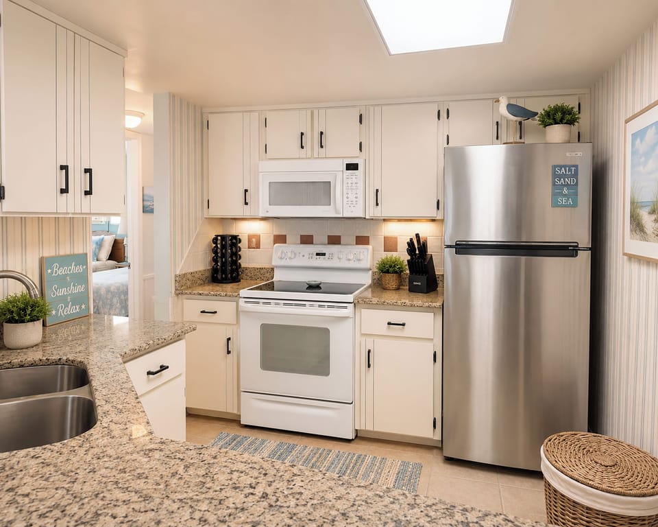 Kitchen features a full-size refrigerator, oven, microwave, and dishwasher. 