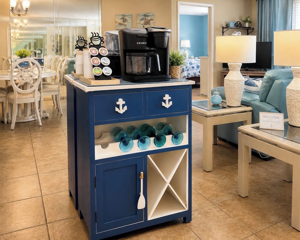 A coffee bar featuring a Keurig coffee maker, coffee pods, and cups.