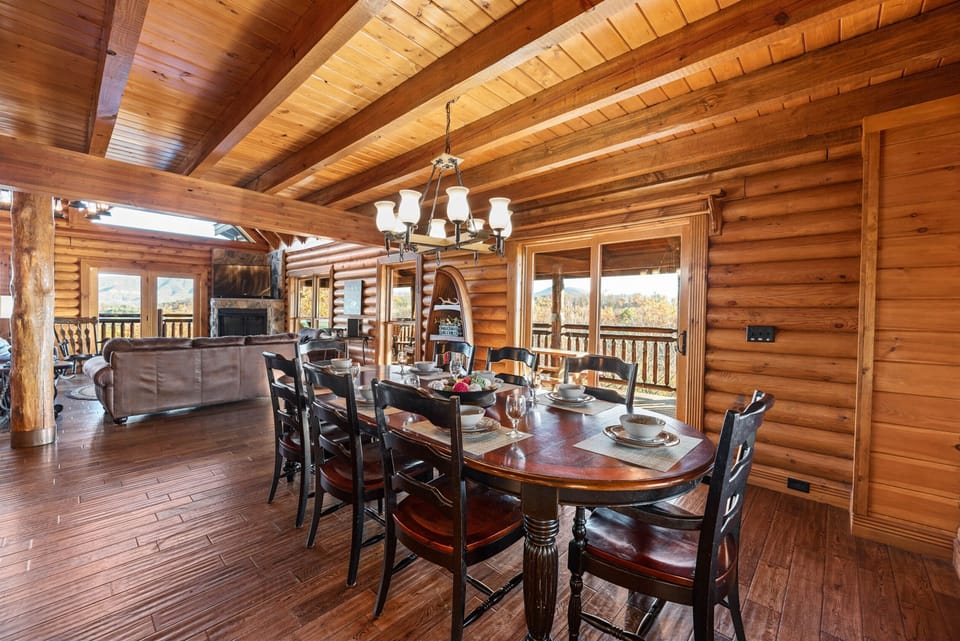 Dining room, looking toward living room and sliding doors to main deck.