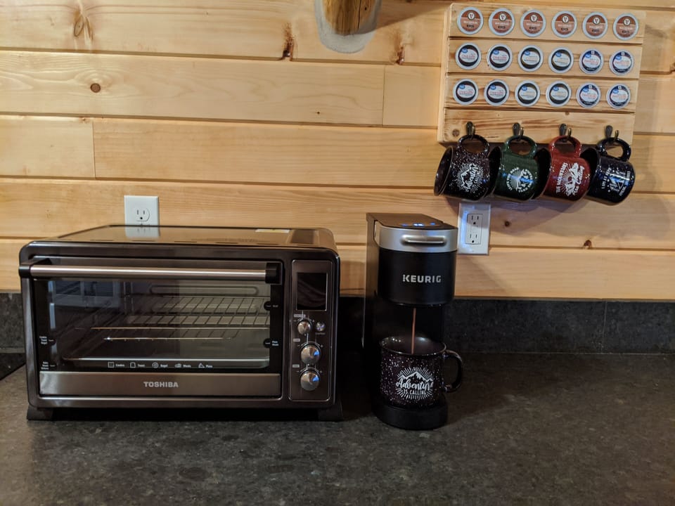Kitchenette with toaster oven and Keurig machine