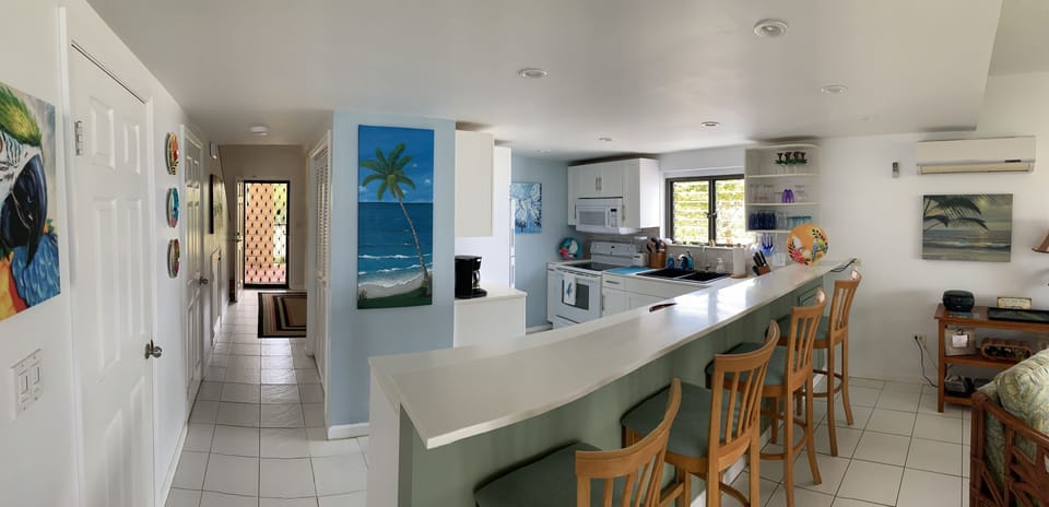 Kitchen with large counter, seating 4