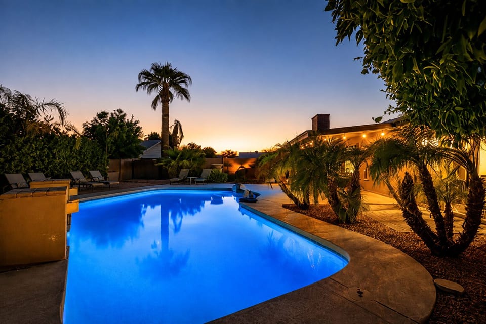 The 8 bedroom estate with large pool is amazing at night.