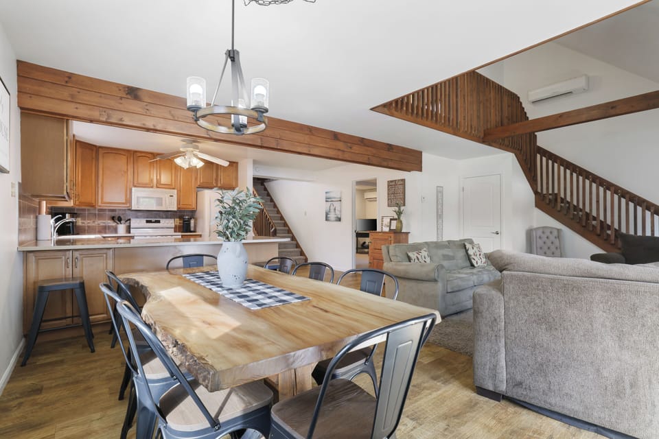 Dining room and kitchen with lake view