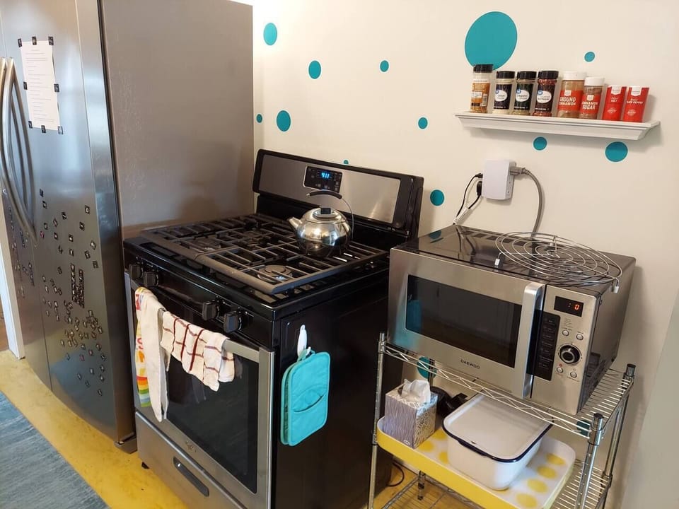 The galley style kitchen has everything you might need.