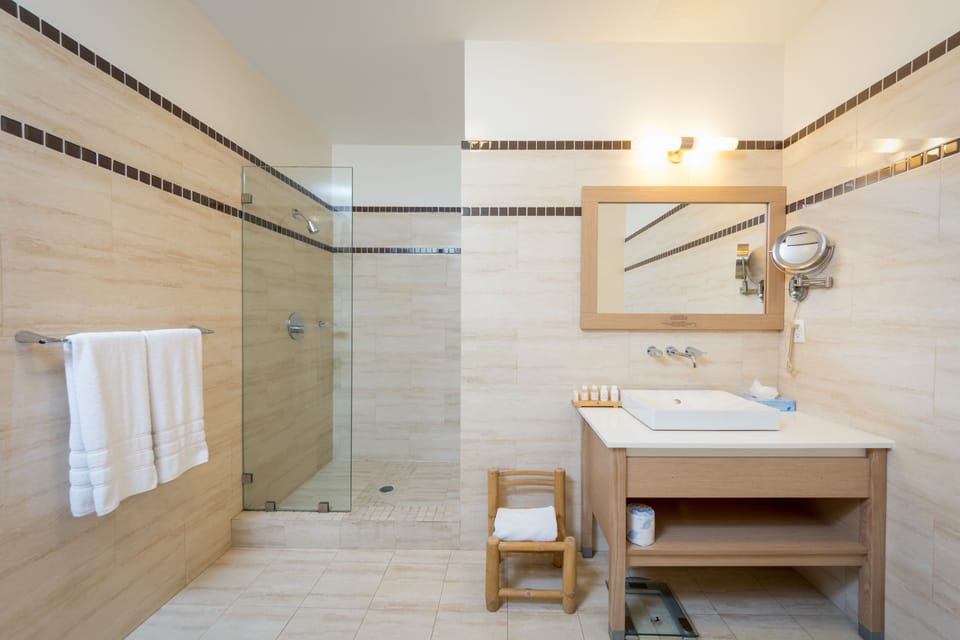 Shower, free toiletries, hair dryer, bathrobes