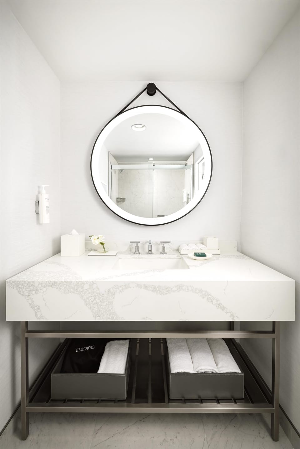 Shower, designer toiletries, hair dryer, towels