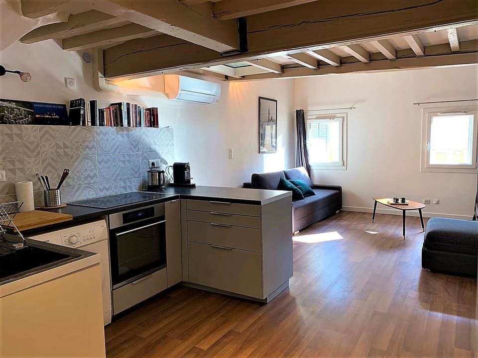 The fully equipped kitchen open on the living-room