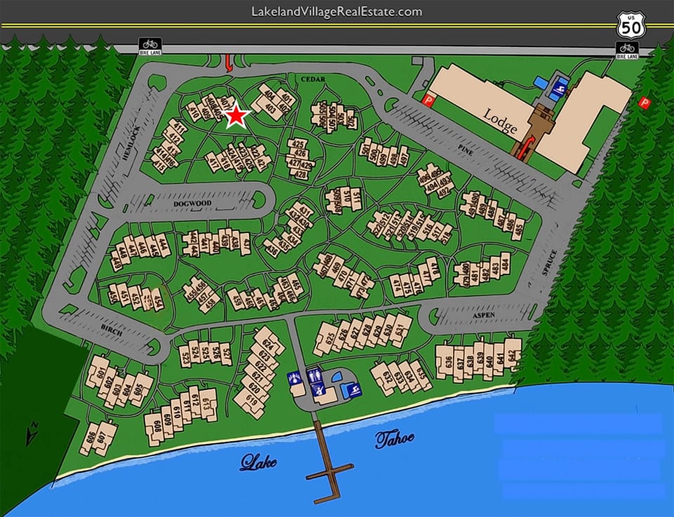 Aerial map view of Lakeland Village showing the resort layout with numbered buildings, lodge, and beautiful Lake Tahoe waterfront location.