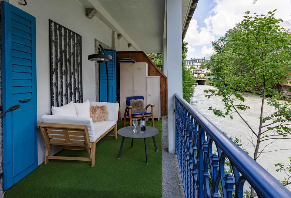 Terrace overlooking the river with Mont Blanc Views