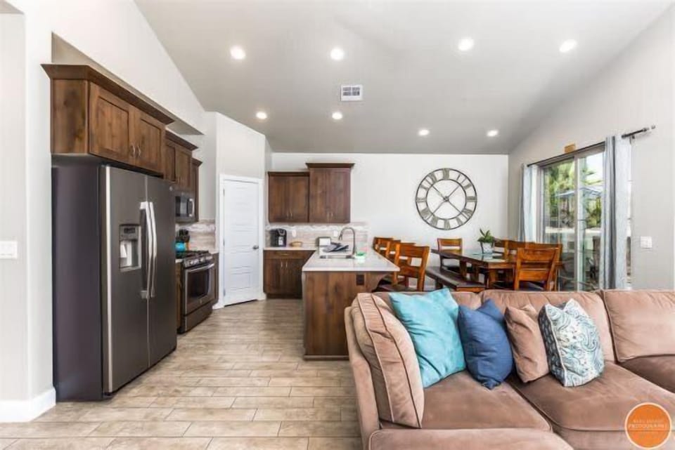 Great room with kitchen and dining.