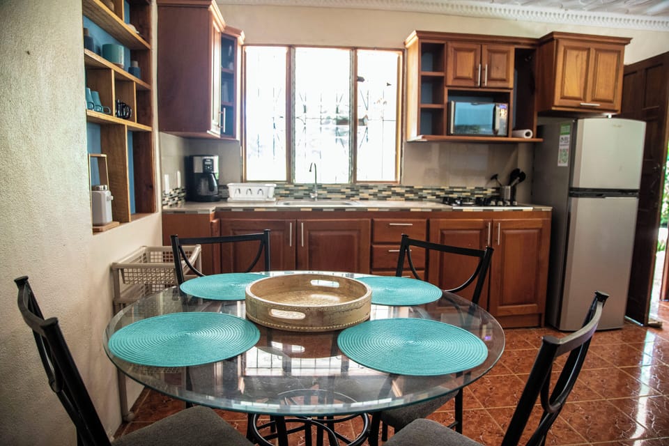 The kitchen is filled with natural light. Window overlooking the garden.
