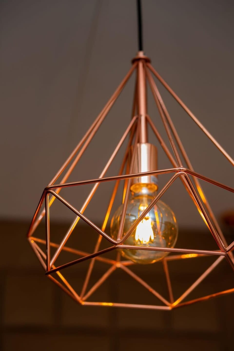 A close-up of a hanging light fixture with a geometric design, adding an industrial-style decor element.