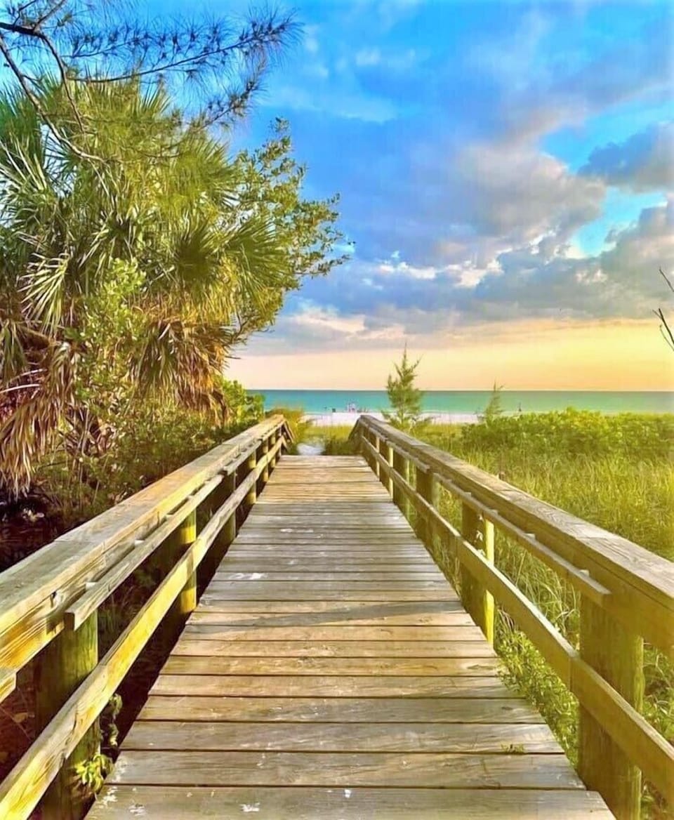 Wooden boardwalk winding through sea oats and coastal dunes leading to the Gulf beach at sunset