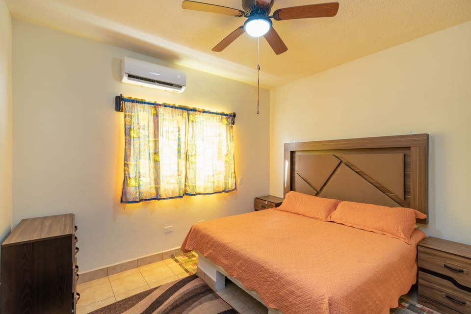 Master bedroom with king bed, with window to backyard swimming pool; a/c and fan