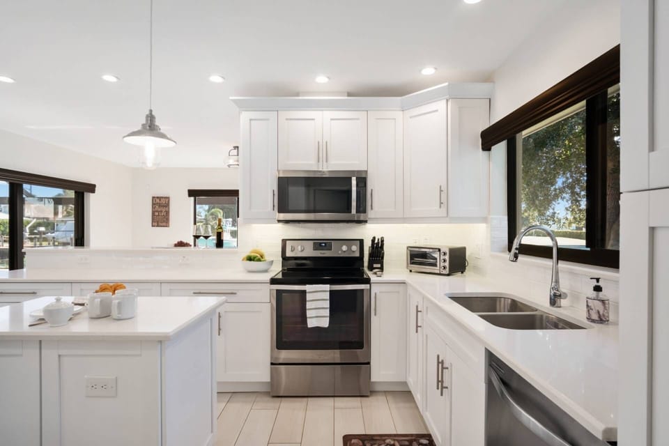 Ample counterspace and cabinet space makes meal prep a breeze.
