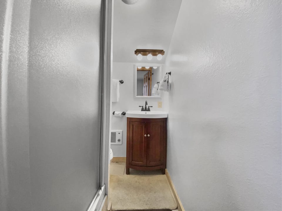 Small bathroom with white walls, a wooden vanity with sink, a mirror above the vanity, light fixtures, towel rack, and a shower to the left.