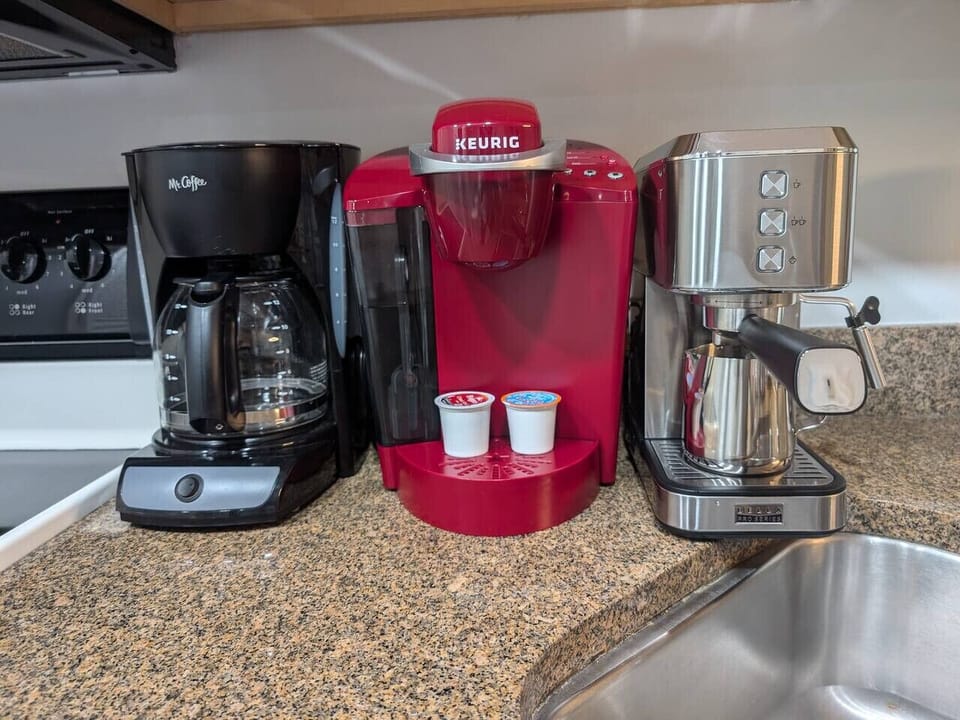 Coffee lovers, this is your happy place. You can use Keurig pods, drip coffee, or the espresso machine, which also has a foam maker for those delicious cappuccinos. There is also a Kettle if Tea is your thing.