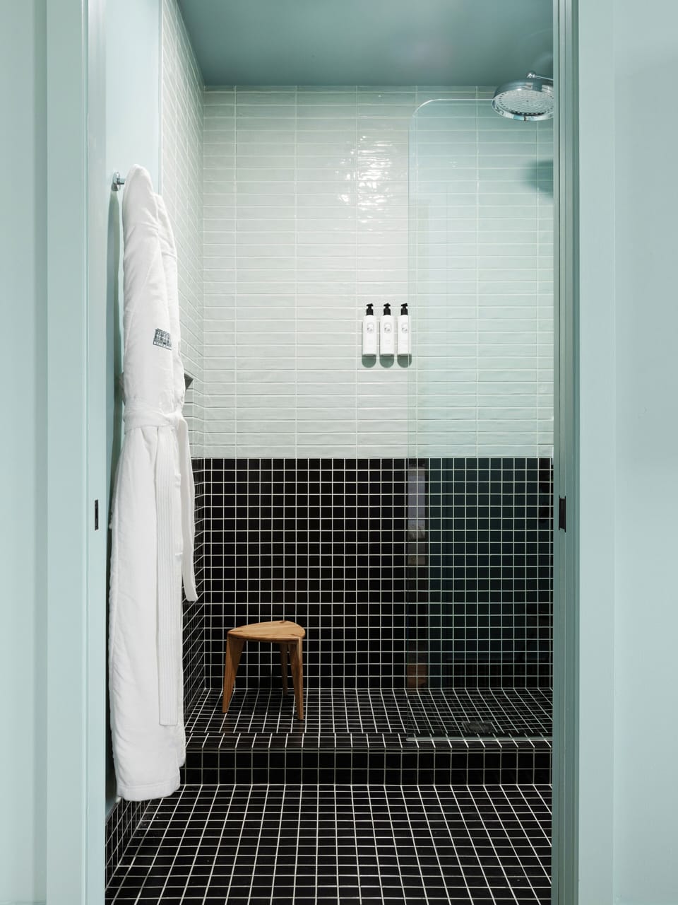 Shower, rainfall showerhead, hair dryer, bathrobes