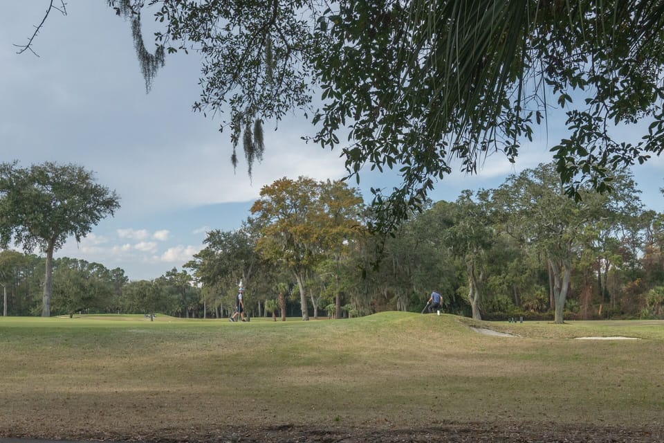 Mature trees and winding paths create a peaceful setting for golfers and walkers alike.