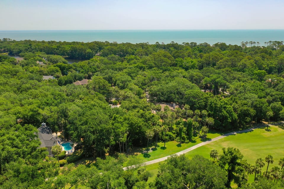 Enjoy a stunning bird's-eye perspective of this coastal retreat, nestled among mature pines and lush Lowcountry greenery.