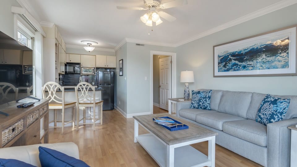 Open living space to kitchen