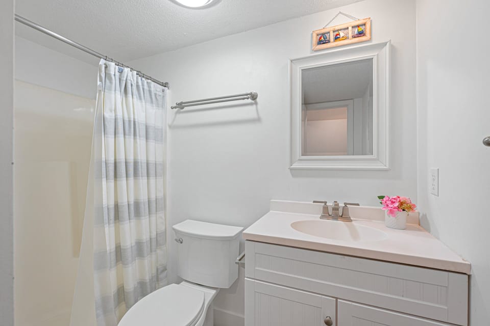 Conveniently located near the guest bedroom, this full bathroom features a single vanity with ample counter space and a tub/shower combination.