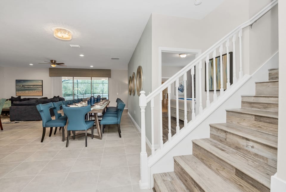 Beautiful view of dining area and stairway