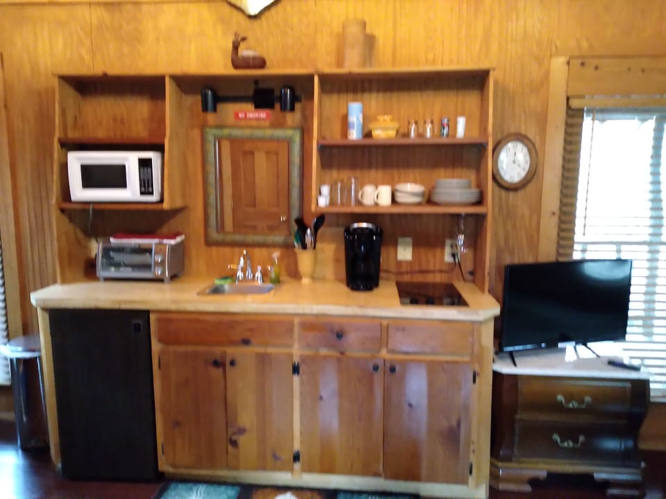 Fridge, microwave, toaster oven, stove, Keurig, TV