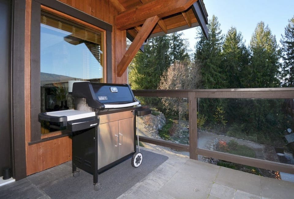 Natural gas BBQ; fire extinguisher, BBQ utensils & wares are inside the cabinet.