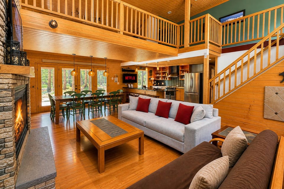 Step into your inviting open-plan retreat where warm wood tones and soaring ceilings create a sense of spacious comfort. Cozy up by the fireplace or gather around the dining table—your mountain escape awaits.