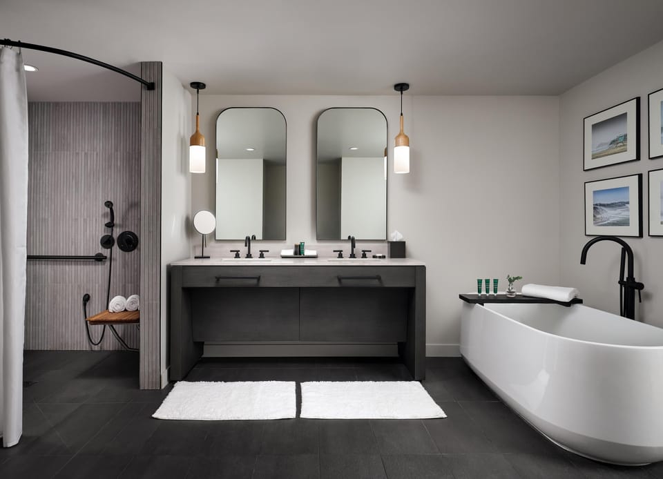 Shower, rainfall showerhead, eco-friendly toiletries, hair dryer