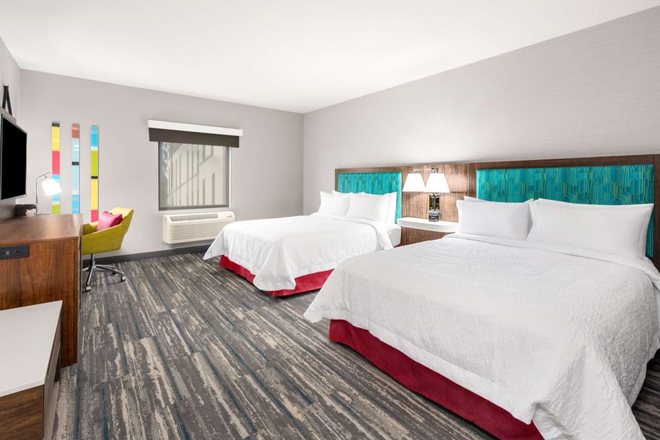 Room, 2 Queen Beds (Mobility & Hearing, Roll-In Shower) | Down comforters, desk, laptop workspace, blackout drapes