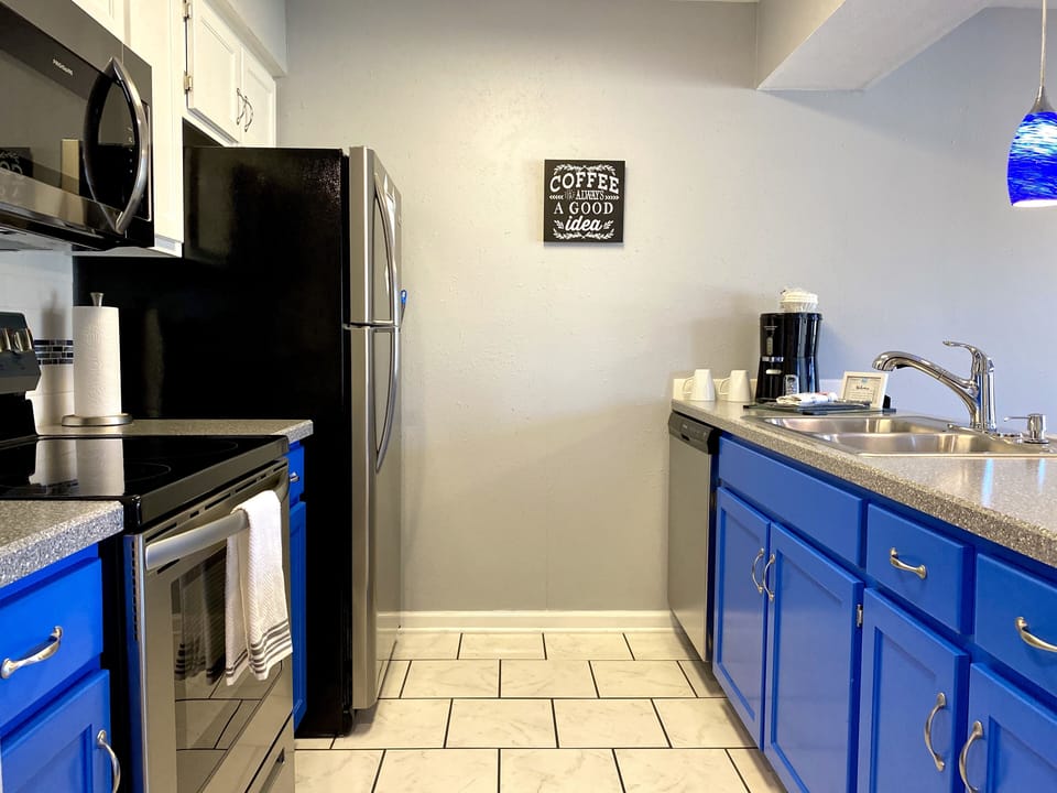 FULLY STOCKED AND REMODELD KITCHEN HAS EVERYTHING YOU NEED FOR YOUR STAY.  