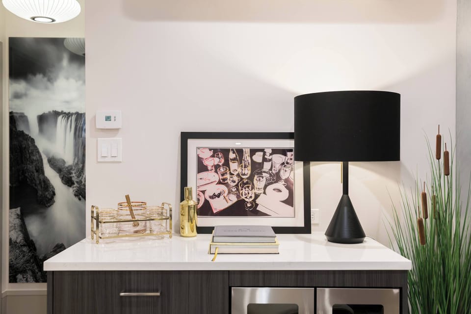 Tastfully updated wet bar in living room