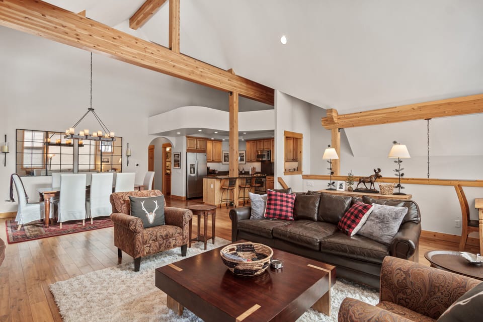 Great room, dining and kitchen view.