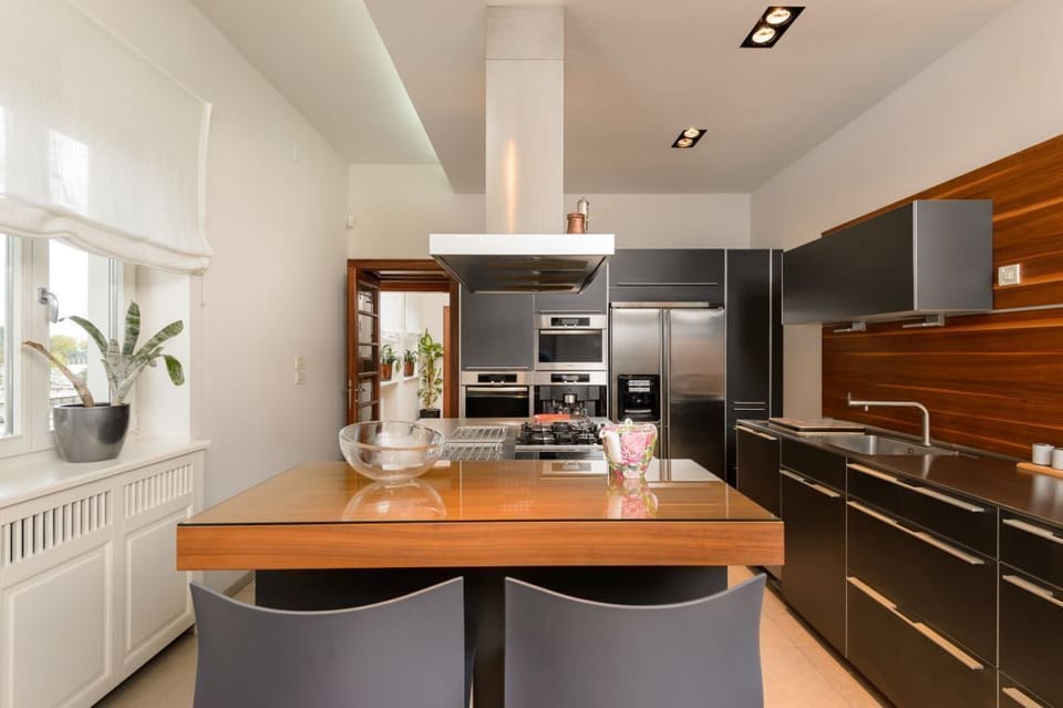 Modern fully equipped kitchen with fridge, ovens, stove and sink in the luxury family villa with private pool 