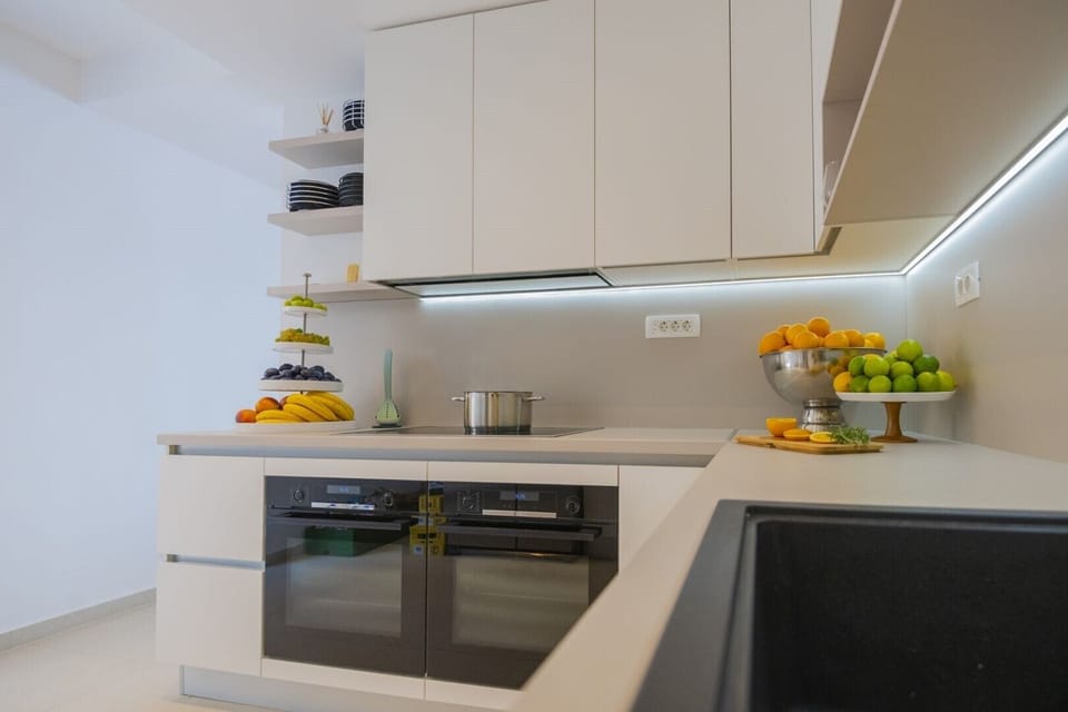A modern kitchen in a luxury rental holiday villa with a private pool in Brela