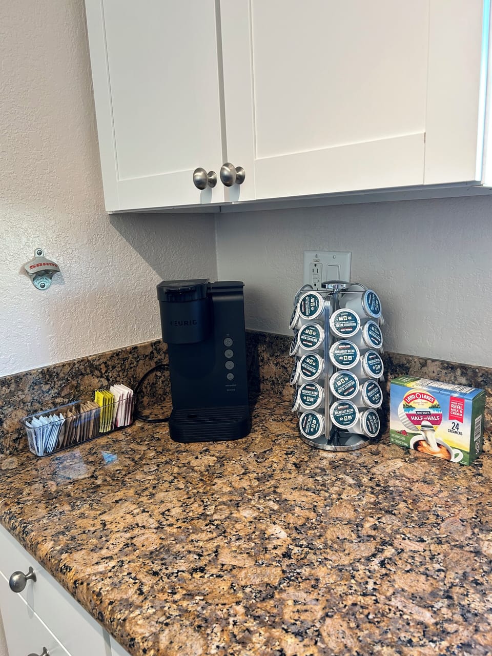 Keurig coffee station with creamer, sugar/sweeteners and tea